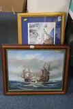 Maritime scene of battle ships, oil on canvas, signed, together with six various prints by J. Harvey, oil on canvas, sold Mar 2017