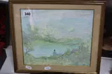 landscape study, seated figure in countryside looking to mountainous distance over lake by P. Solden, mixed media, sold Feb 2017