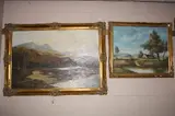 long horn cattle at waters edge in mountainous landscape with figures beside fire, oil on by P. Kilner, oil on canvas, sold Feb 2017