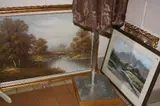 a Sterns oil on canvas, river scene, gilt framed and a gilt framed wall mirror (3) by Peter Symomos Print, PRINT, sold Feb 2017