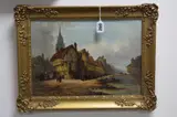 continental scene with row of houses with figures by river with bridge over, oil on by H. Foley, oil on canvas, sold Jan 2017