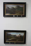 Highland landscape scenes, shepherd herding sheep with dog and cottage in valley, oil by H. Burton, oil on board, sold Jan 2017