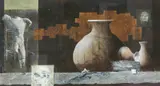 Concept 16 acrylic on board and collage, framed signed lower right, paper label to reverse 52.5 x 27.5cm (image) Provenance The estate of the artist by Leslie Gooday, acrylic on board, sold Nov 2016