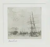 Harbour with Schooner by Bernard Leach, etching on paper, sold Nov 2016