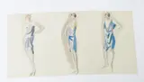 Lady in a Blue Dress three fashion design studies by Dorte Clara Dodo Burgner, pencil, sold Oct 2016