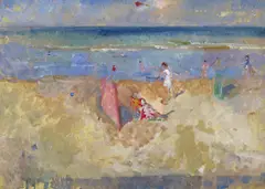 The Beach Oil on board 24.5 x 34.5cm Provenance: J by Peter Greenham, Oil on board, sold Jun 2016