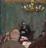 General Assembly of the Royal Academy with Sir Thomas Monnington by Bernard Dunstan, Oil on board, sold Jun 2016