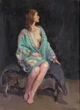 Portrait of a lady in a floral robe Signed Oil on canvas 41 x 31cm ++In good unlined condition, could be improved by a light surface clean by Harry John Pearson, Oil on canvas, sold Jun 2016