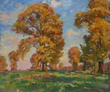 Autumn elm trees Inscribed and dated Stratford Tony, Wilts, 1947 verso Oil on canvas, unframed 64 x 77cm ++Good condition by Wilfred Gabriel De Glehn, Oil on canvas, unframed, offered Jun 2016