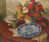 Still life of flowers with a plate and a dish Signed Oil on canvas 102 x 85cm by Alfons Van Beurden II, Oil on canvas, sold Jun 2016