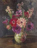 Still life of spring flowers in a jug Signed Oil on board 48 x 38cm ++Quite a few small flecks of paint loss otherwise good condition by Kate Wylie, Oil on board, sold Jun 2016