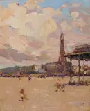 A view of Blackpool Tower Signed, also stamped verso Oil on board 23 x 18cm ++Good condition by Ken Moroney, Oil on board, sold Jun 2016