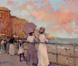 Ladies at the seaside Signed Oil on board 24.5 x 30.5cm ++Good condition by Ken Moroney, Oil on board, sold Jun 2016