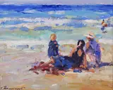 Figures on a beach by Ken Moroney, oil on board, sold Jun 2016
