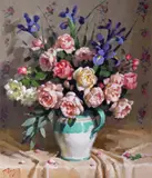 Roses and Iris in a jug Signed Oil on canvas 71 x 61cm ++Good condition by Patricia Moran, Oil on canvas, offered Jun 2016