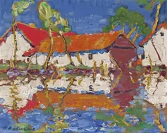Cottages on the water Signed Oil on board 17.5 x 21cm ++Board slightly bowed, would be enhanced by a light clean, good condition by Arthur Baker-Clack, Oil on board, sold Jun 2016