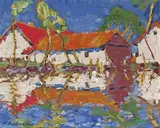 Cottages on the water Signed Oil on board 17.5 x 21cm ++Board slightly bowed, would be enhanced by a light clean, good condition by Arthur Baker-Clack, Oil on board, sold Jun 2016
