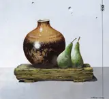 Abdo nagi pot and pears Signed Acrylic on board 27.5 x 30cm Provenance: The estate of the Artist ++Good condition by Leslie Gooday, Acrylic on board, sold Jun 2016