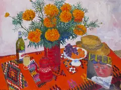 Roses d~Inde et Pastis Signed, also signed and titled on stretcher verso Oil on canvas 76 x 101.5cm ++Good condition by Frederick Gore, Oil on canvas, sold Jun 2016