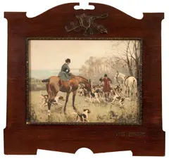 Hunting: The Opening Day; A Fine Run; A Stiff Country; The Brush framed in uniform wooden frames with saddle, crop and brush device to top and title of each embossed (lower right) by Gilbert Scott Wright, a set of four (4), offered Oct 2013