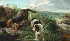Otter hounds on the scent by John Sargeant Noble, oil on canvas, sold Oct 2013