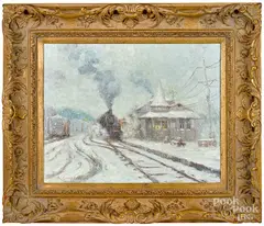 of New Hope Train Station Winter by Laurence Campbell, oil on canvas, sold Jan 2020