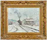 of New Hope Train Station Winter by Laurence Campbell, oil on canvas, sold Jan 2020