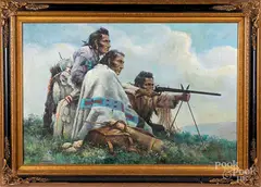 of Native Americans taking aim by Troy Denton, oil on canvas, sold Dec 2019