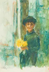 Woman in Suit with Flowers by Joe Eula, 1957, watercolor on paper, sold Dec 2021