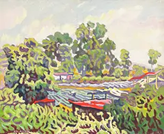 Grove and Crops by Jorge Chacón, oil on canvas, sold Dec 2021