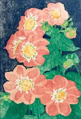 Pink Dahlias by Edna Boies Hopkins, c. 1912, woodcut print, sold Dec 2021