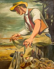 Seated Angler in Yellow Hat by Anton Refregier, 1942, oil on canvas, sold Dec 2021