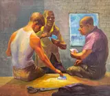 Card Players, Clothing Store Sweatshop by Eugene Salamin, oil on masonite, sold Dec 2021