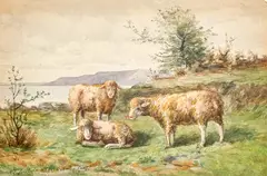 Orange County (3 sheep) by Arthur Fitzwilliam Tait, 1888, watercolor on paper board, sold Dec 2021