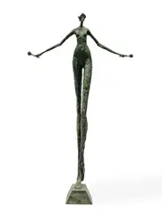 Woman with Batons by Tom Corbin, 1997, bronze with applied green patina, sold Dec 2021