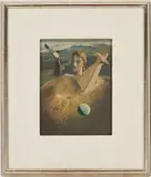 Stone Head in Mountainous Landscape by Elizabeth, 1966, print, sold Jul 2023