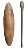 A Shield And Bulbous-Headed Club by Artefacts And Carvings, shield of carved hardwood, the bulbous front decorated with finely incised interlocking diamond designs, the reverse sim, sold Mar 2010