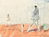 Deauville, la partie de tennis by Pierre Olivier Dubaut, Aquarelle sur traits de crayon, sold Jun 2015