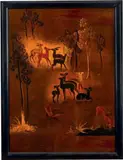 Biches dans la clairière by Jean Dunand, Panneau décoratif en laque sur fond de feuilles d'or, sold Jun 2015