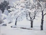 Paysage de neige aux grands arbres by Eugène Bernhardt, Gouache, sold Apr 2014
