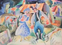 Scène de village by Béla Kádár, Aquarelle, sold Feb 2014