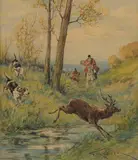 Veneurs et chiens poursuivant un cerf by Fernand Maissen, Aquarelle signée en bas à droite (Papier jauni), sold Jun 2021
