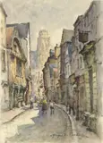 Rue avec maisons moyenâgeuse et cathédrale by Georges Dominique Rouault, Aquarelle sur traits de crayon signé en bas à droite, sold Jun 2021