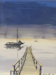Voiliers au bout du quai by Nicolas Vial, 1990, Gouache signée et datée, sold Jun 2021