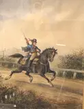 Coursier à cheval by Émile Henry, Aquarelle signée en bas à droite, sold Jun 2023
