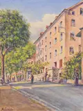 Une rue animée de Corte avec fontaine by Mathieu Corizzi, Aquarelle sur papier, sold Jun 2023