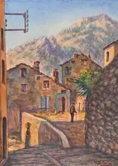 Une rue animée de Corte by Mathieu Corizzi, Aquarelle sur papier, sold Jun 2023