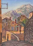 Une rue animée de Corte by Mathieu Corizzi, Aquarelle sur papier, sold Jun 2023