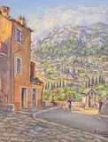 Maison et chapelle funéraire en bordure de route, environs de Corte by Mathieu Corizzi, 1930, Aquarelle sur papier, sold Jun 2023