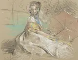 Élégante à l'ombrelle by Antoine Calbet, Crayon noir et rehauts de craie, sold Jun 2023